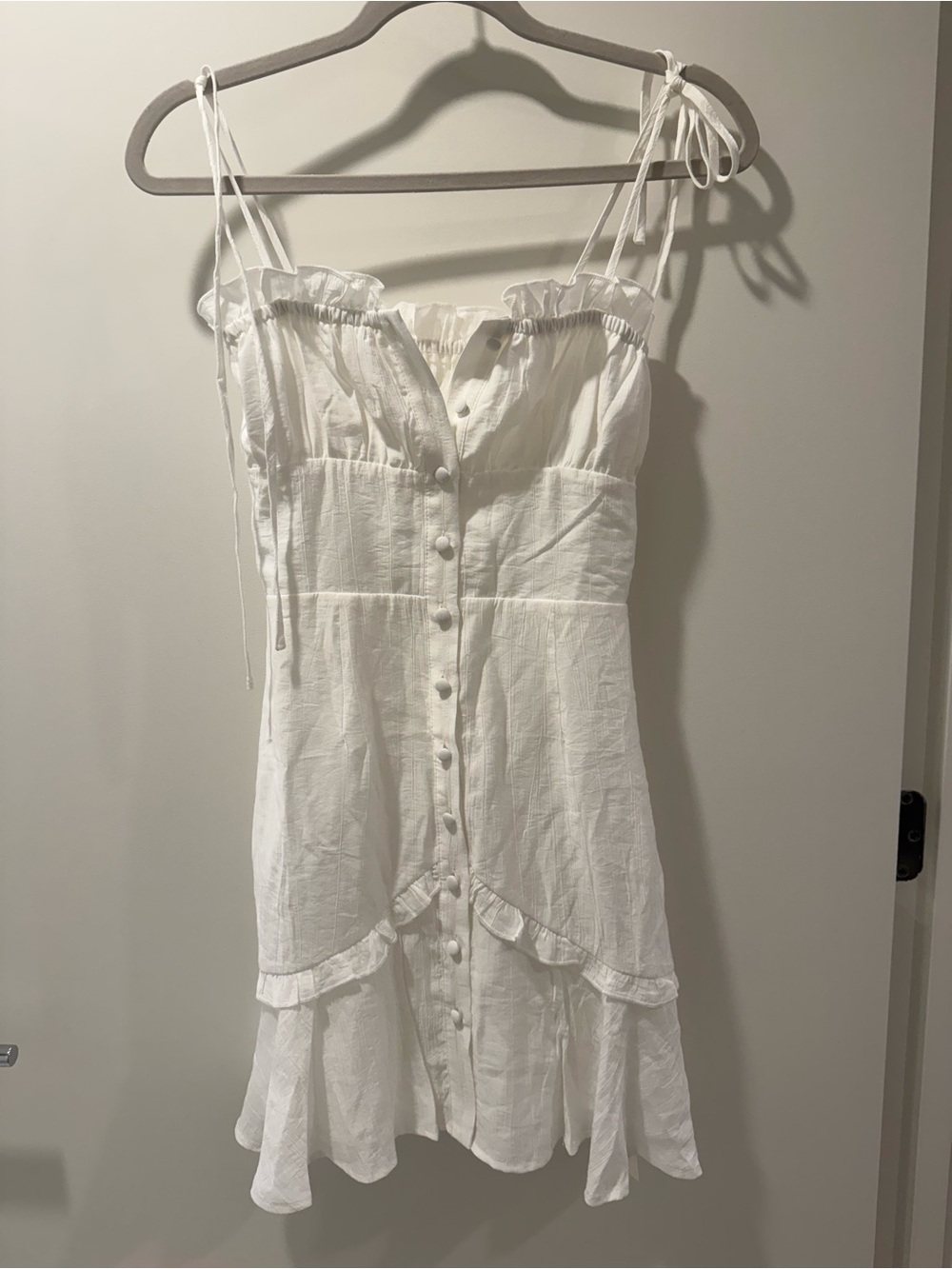Commense White Tie-Shoulder Button-Front Ruffle Mini Dress - Picture 2 of 4